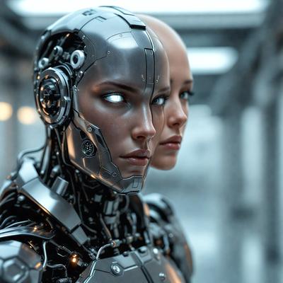 The primary subject of the image is a futuristic robot with a human-like face. The robot is wearing a silver suit and has a glowing blue eye. The setting is a dark room with a backdrop of a building. The visual style is a digital art or illustration, creating a futuristic and technological atmosphere. The dominant colors are silver and blue, with the blue eye being the most prominent feature.